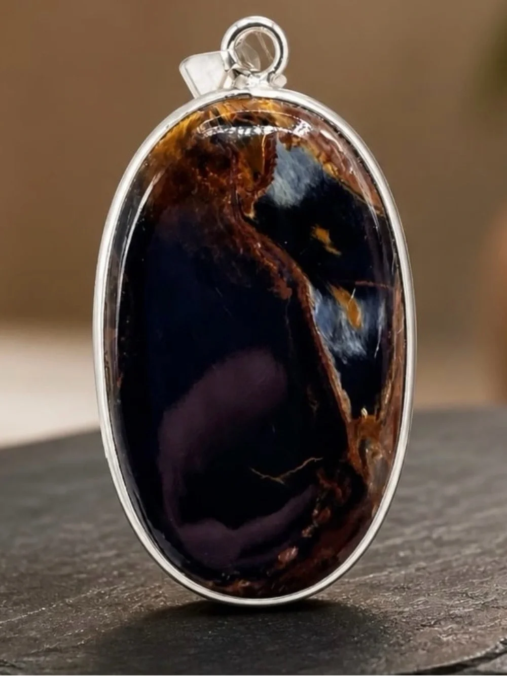 Pietersite 925 Sterling Silver Brown and Black Oval Pendant